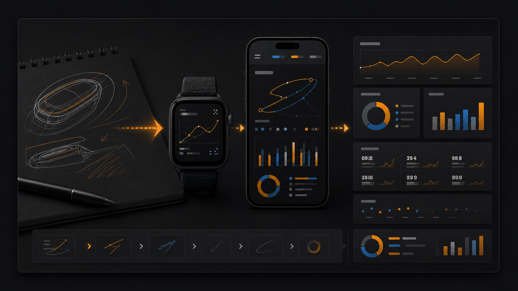 Apple Watch analog stats dashboard with session, stroke, accuracy, and rhythm cards
